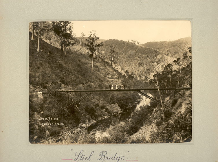 Black and white landscape photograph of a metal bridge crossing a shallow gully. On the centre of the bridge stands a group of men and women. Tree covered hills surround. Text on the surrounding mount board reads, 'Steel Bridge'. 