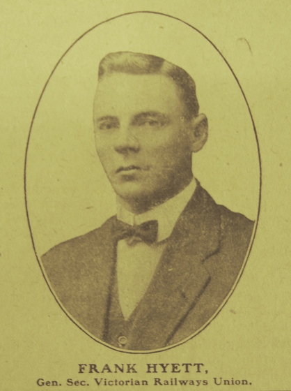 Newspaper clipping of man in suit and bow tie, caption "Frank Hyett, Gen. Sec. Victorian Railways Union."