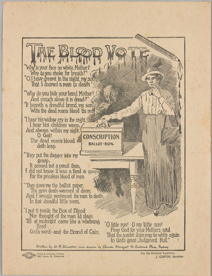 Handbill with image of woman placing a ballot paper marked "Yes" into a box marked "Conscription Ballot-Box", demonic figure in background, both framed by a pencil dripping blood. A poem appears down the left.