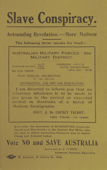 Handbill containing text, headline "Slave Conspiracy", footer "Vote No and Save Australia"