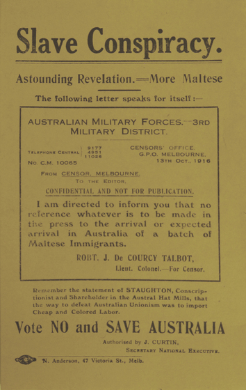 Handbill containing text, headline "Slave Conspiracy", footer "Vote No and Save Australia"