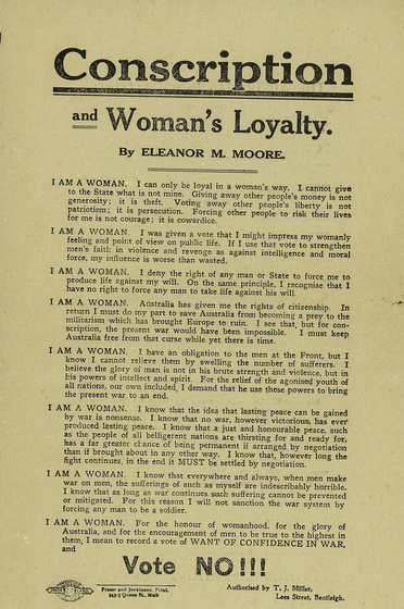 Double-sided handbill. Front. Headline 'Conscription and woman's loyalty : vote no!!!' printed black on cream paper.
