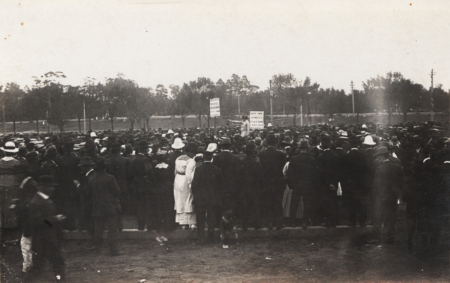 Open air gathering of a large crowd of men and women, some holding palcards, including uniformed men, being addressed by a woman. Line of trees in distance.