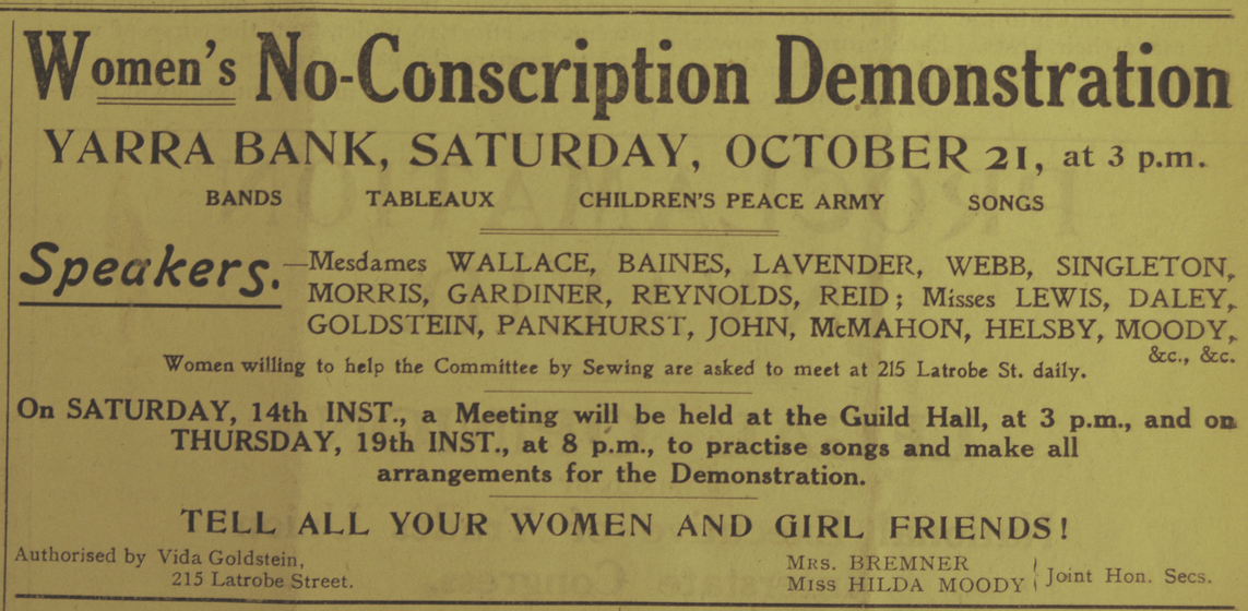 Yellowed newspaper clipping announcing 'Women's No Conscription Demonstration'.