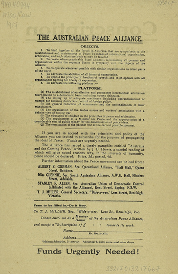 Double-sided handbill. Back. Headline, 'The Australian Peace Alliance.' Printed black on cream paper.