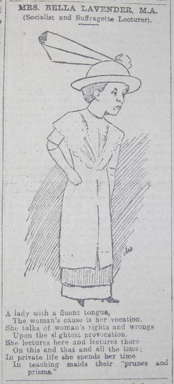 Cartoon of woman in hat and long dress, titled "Mrs. Bella Lavender, M.A.". Poem below. 