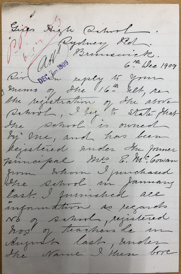Handwritten letter dated 6th Dec 1909, over-written with annotations and stamped with date "Dec 7 - 1909". 