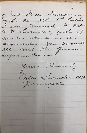 Handwritten letter signed "Bella Lavender M.A. Principal".