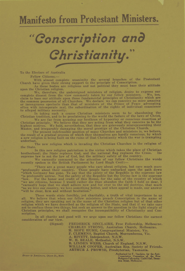 Printed handbill titled 'Manifesto from Protestant Ministers 'Conscription and Christianity'
