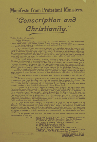 Printed handbill titled 'Manifesto from Protestant Ministers 'Conscription and Christianity'