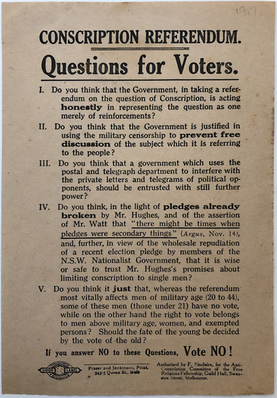 Single page handbill, printed black on white, text only. Titled. 'Conscription Referendum. Questions for Voters.'