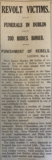Newspaper article titled "Revolt victims. Funerals in Dublin. 200 bodies buried.".
