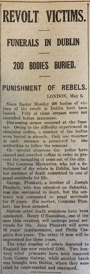 Newspaper article titled "Revolt victims. Funerals in Dublin. 200 bodies buried.".