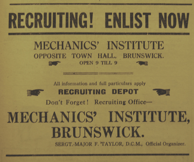 Newspaper advertisement for a recruiting depot at the Mechanics' Institute, Brunswick.