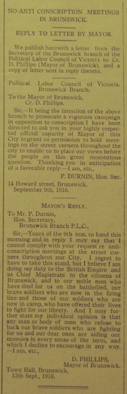 Letters printed in a newspaper titled "No Anti-Conscription Meetings in Brunswick".