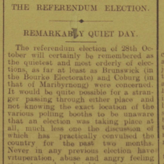 Article from a newspaper titled, 'The Referendum Election: Remarkably quiet day.'