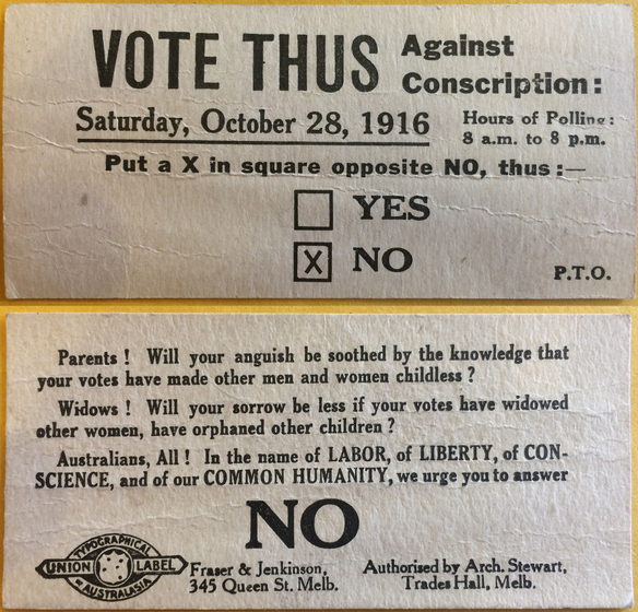 Two sided printed handbill titled, 'Vote Thus Against Conscription.'