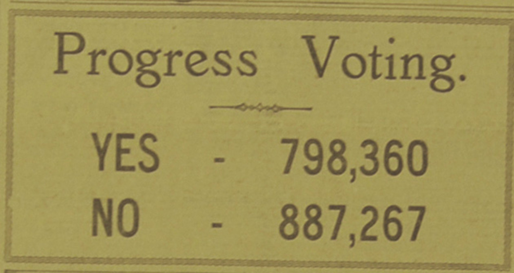 Detail of newspaper article showing "Progress Voting. Yes 798,360 No 887,267".