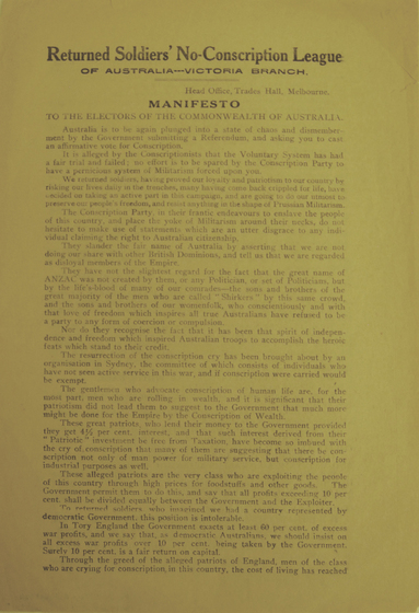 Printed handbill titled "Returned Soldiers' No-Conscription League of Australia - Victoria Branch Manifesto".