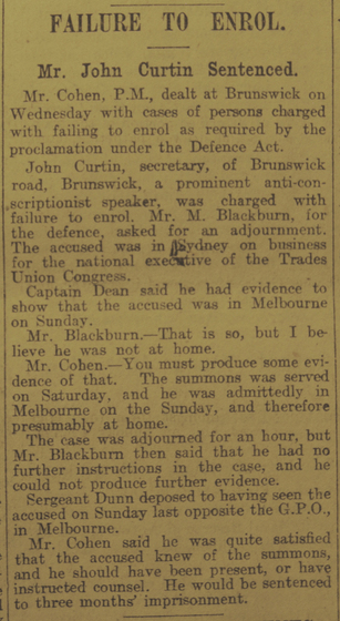 Newspaper article titled "Failure to Enrol. Mr. John Curtin Sentenced".