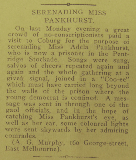 Newspaper article titled "Serenading Miss Pankhurst".
