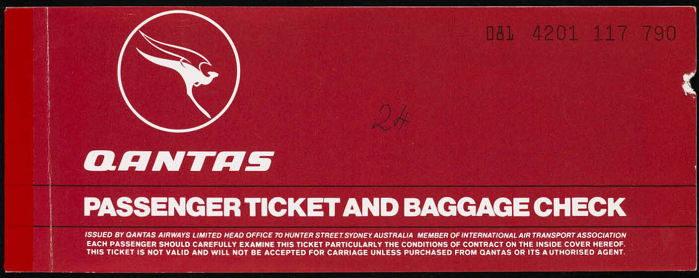 Red document with a white kangaroo in a circle, and text reading 'passenger ticket and boarding check'