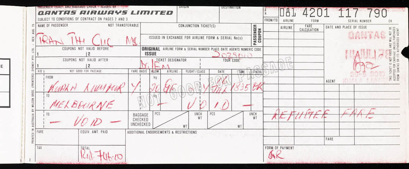 Airline ticket with red pen notation written throughout.