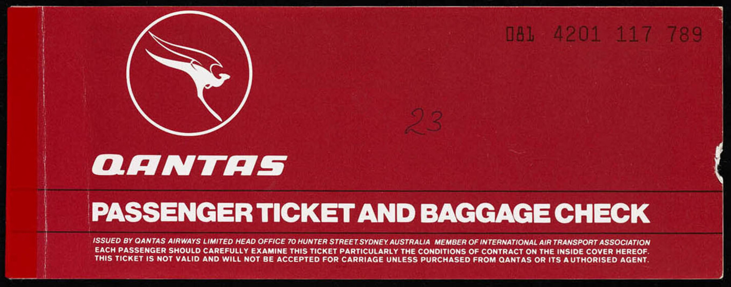 Red document with a white kangaroo in a circle, and text reading 'passenger ticket and boarding check'