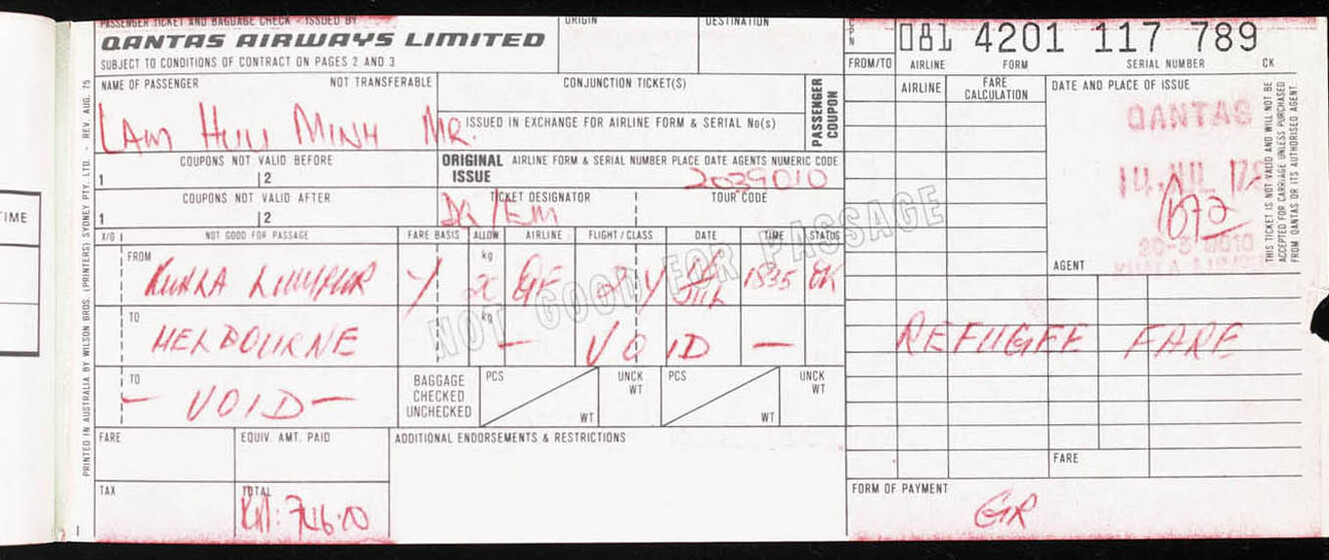 Airline ticket with red pen notation written throughout.