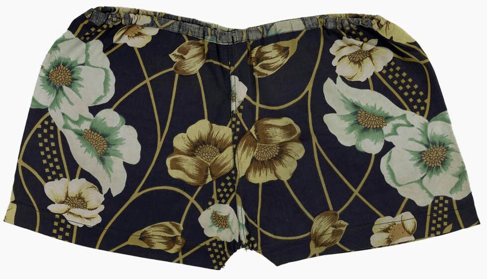 Blue shorts with gold, pink and light blue floral detail