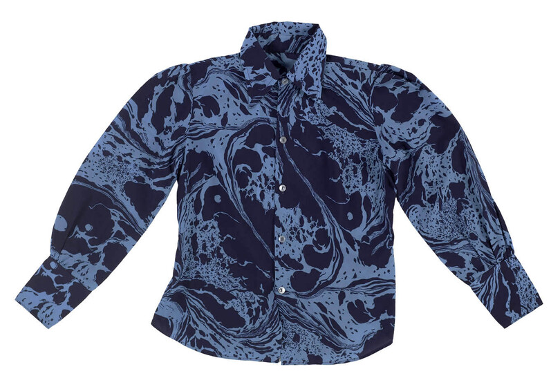Dark blue button up long sleeved shirt with light blue patterning.