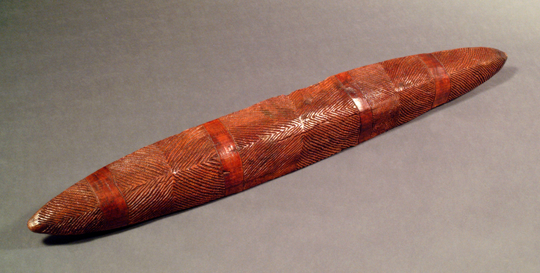 Long and intricately carved narrow timber shield.