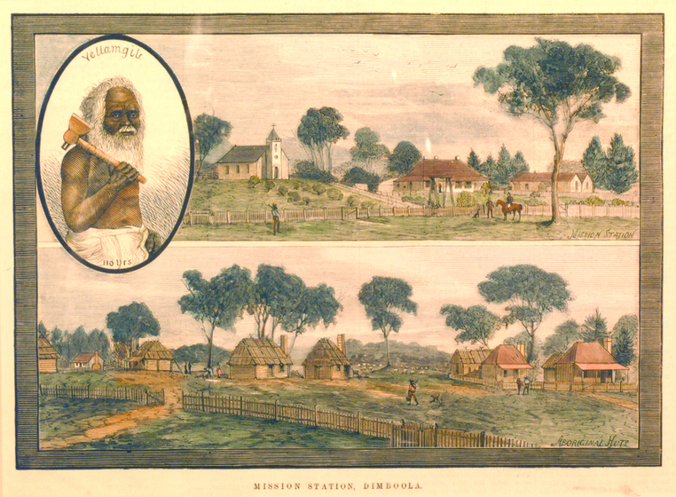 Colour print showing two village scenes of houses, and other buildings with trees behind and a fence in the foreground of each, one above the other. In the top left corner is an an illustration of an elderly man with white hair and beard, standing with an axe over his shoulder with word above 'Yellamgib'. 
