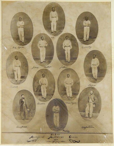 Print featuring 12 men standing wearing cricket whites, each positioned in an oval with their names written below. 