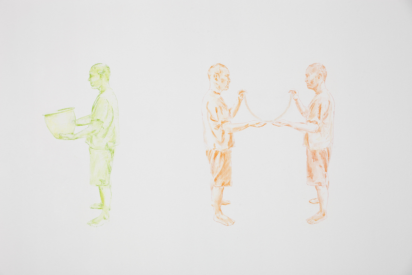 Drawing of three men in coloured outline. The man on the left faces left, holds a basket and is drown in lime green. The two men to the right face each other, are drawn in orange, and each hold a long item up in front of them in a curve.