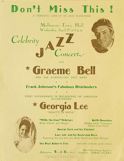 Yellow flyer with green and blue text, advertising a jazz concert featuring Graeme Bell and Georgia Lee. The text 'Don't Miss This' is at the top in green text. A headshot portrait of a man is in an oval in the top right corner. A headshot portrait of a woman is in an oval in the bottom left corner. 