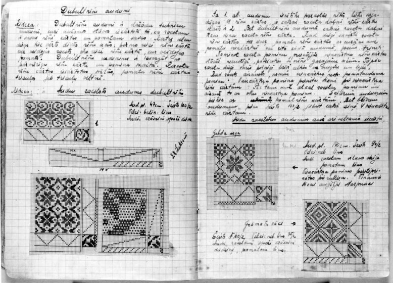 An open grid excercise book with handwritten notes and cut out patterns for fabric glued in.