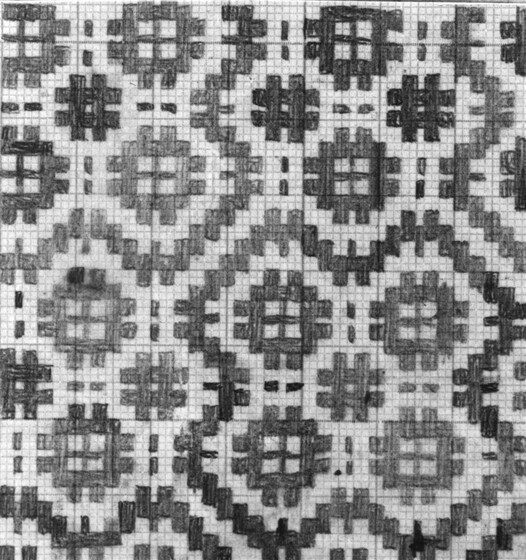 Geometric fabric pattern, made from thread woven into small squares to create a repeating floral shape. 