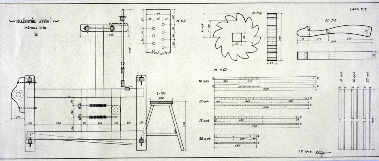 Design of a loom, showing components and measurements.