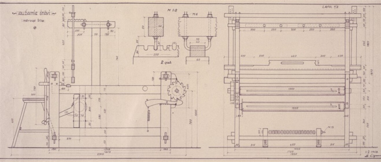 Design of a loom, showing components and measurements.