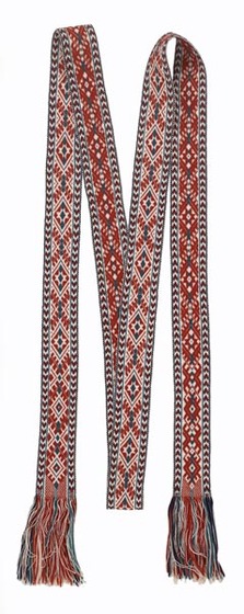 Women red, white and black belt with fringing, with repeated diamond and chevron motif.