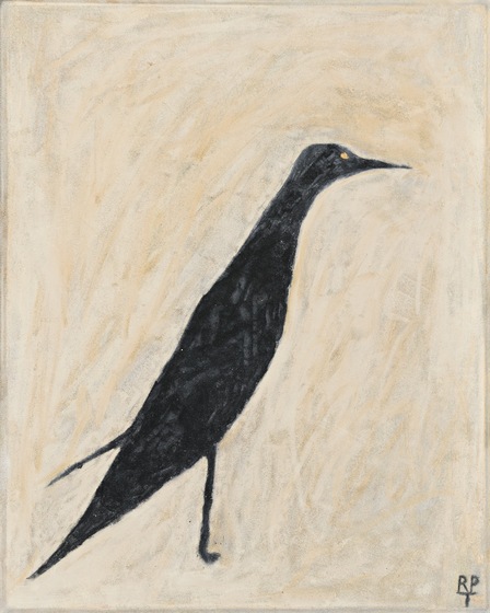 Colour drawing of a black bird, or crow, standing on a cream background.