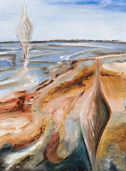 Colour painting showing a stylized image of a beach shoreline, with two diamond shapes prominent in the top left and bottom right of the painting.