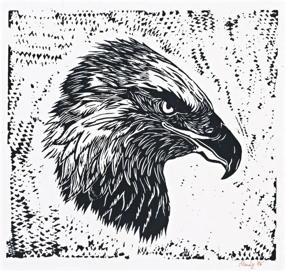Black and white lino print of an eagle head.