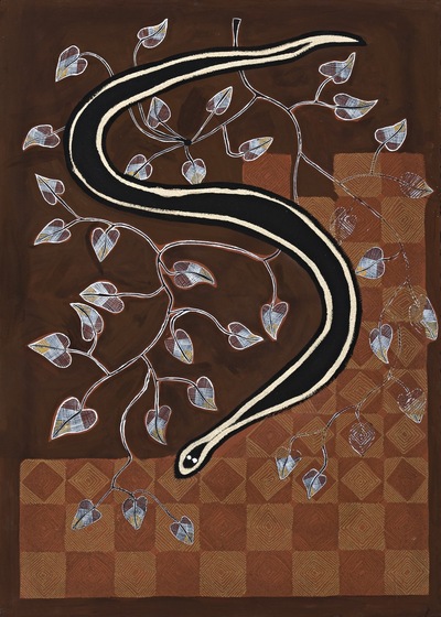Painting of a black snake, surrounded by white leaves, on a background of dark brown on top, and brown and tan checkboard on the bottom..