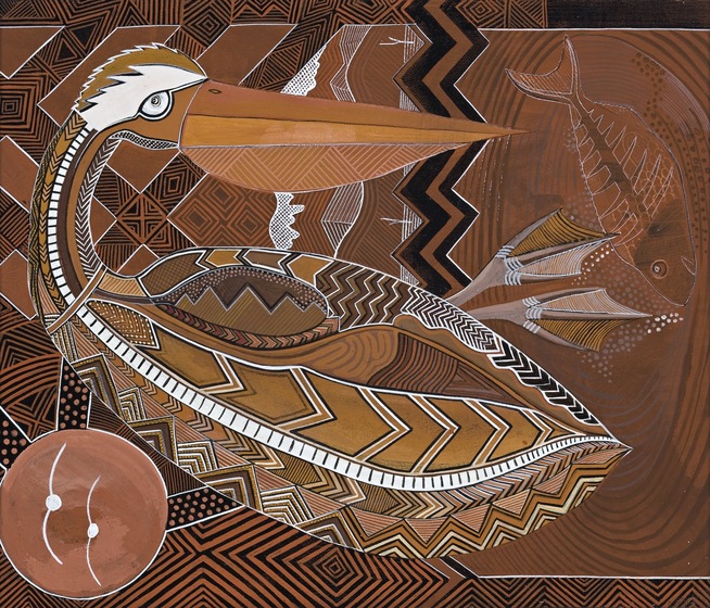 Painting of a Pelican with line and dot design, on a brown background.