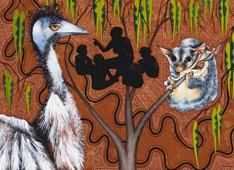 Painting of an emu, left, with a possum hanging on a tree branch, right, with the silhouette of a person seated with four people seated around them in the centre. The background is brown in line shapes.  