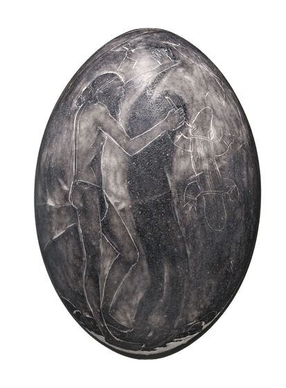 Grey emu egg on a white background. Painted in line work on the egg is an image of a man, drawing the shape of a lizard.