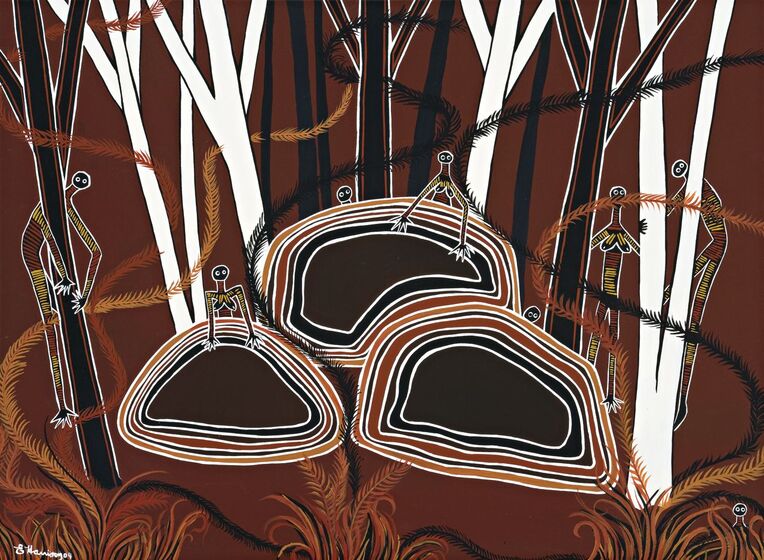 Painting of three styalised rocks with figures seven people standing beside and behind, with black and white tree trunks behind. The artwork is predominently on a brown background, and feathered plants are painted weaving between the trees, people and rocks. 