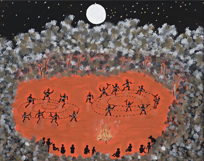 Painting of a red open area surrounded by trees under a moon and night sky. In the red open area are two groups of people dancing around circles, with a fire and more people seated watching. 